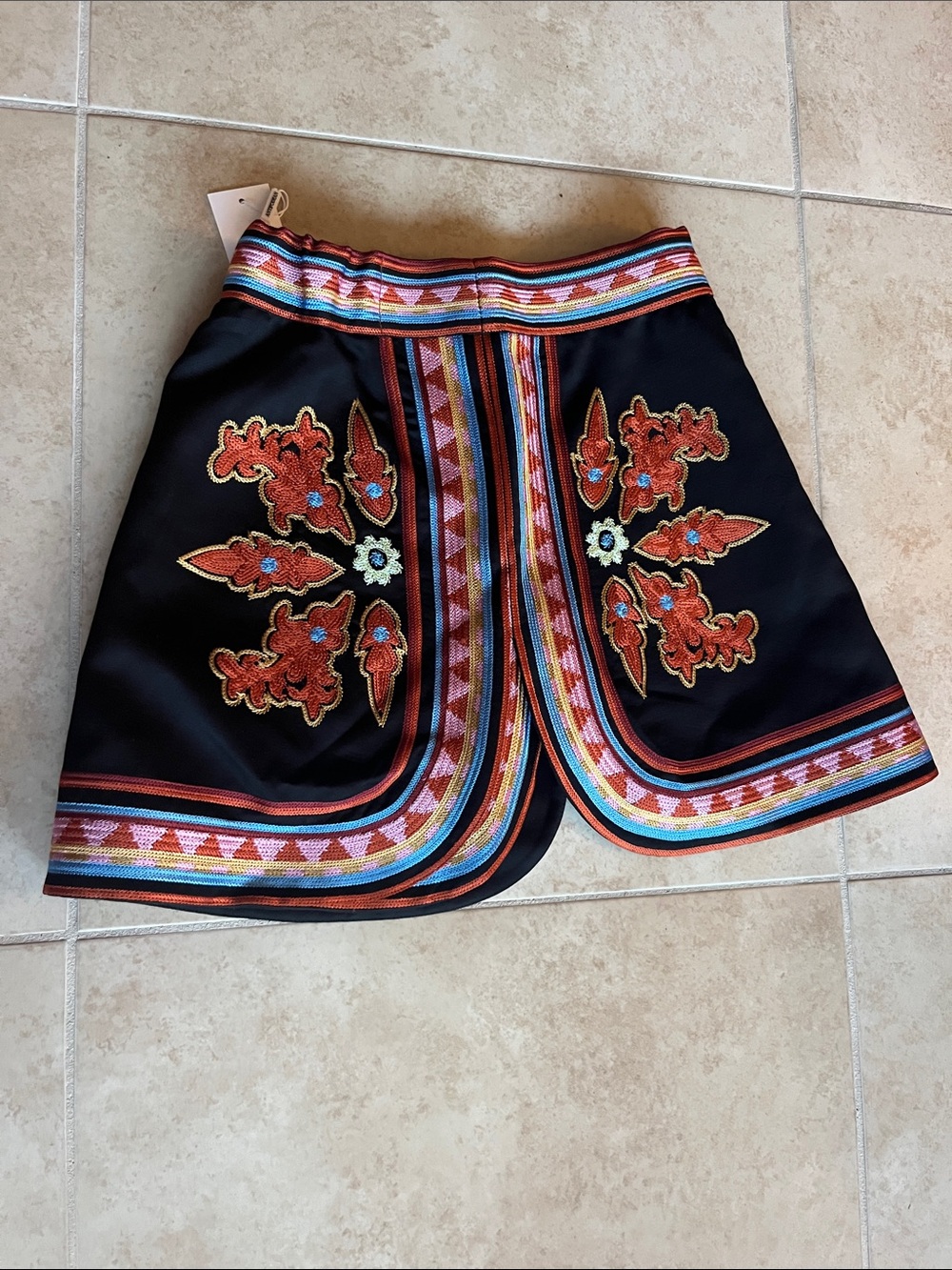 Size 6 Antipodean Embroidered Black Mini Skirt with Multicolor Trim